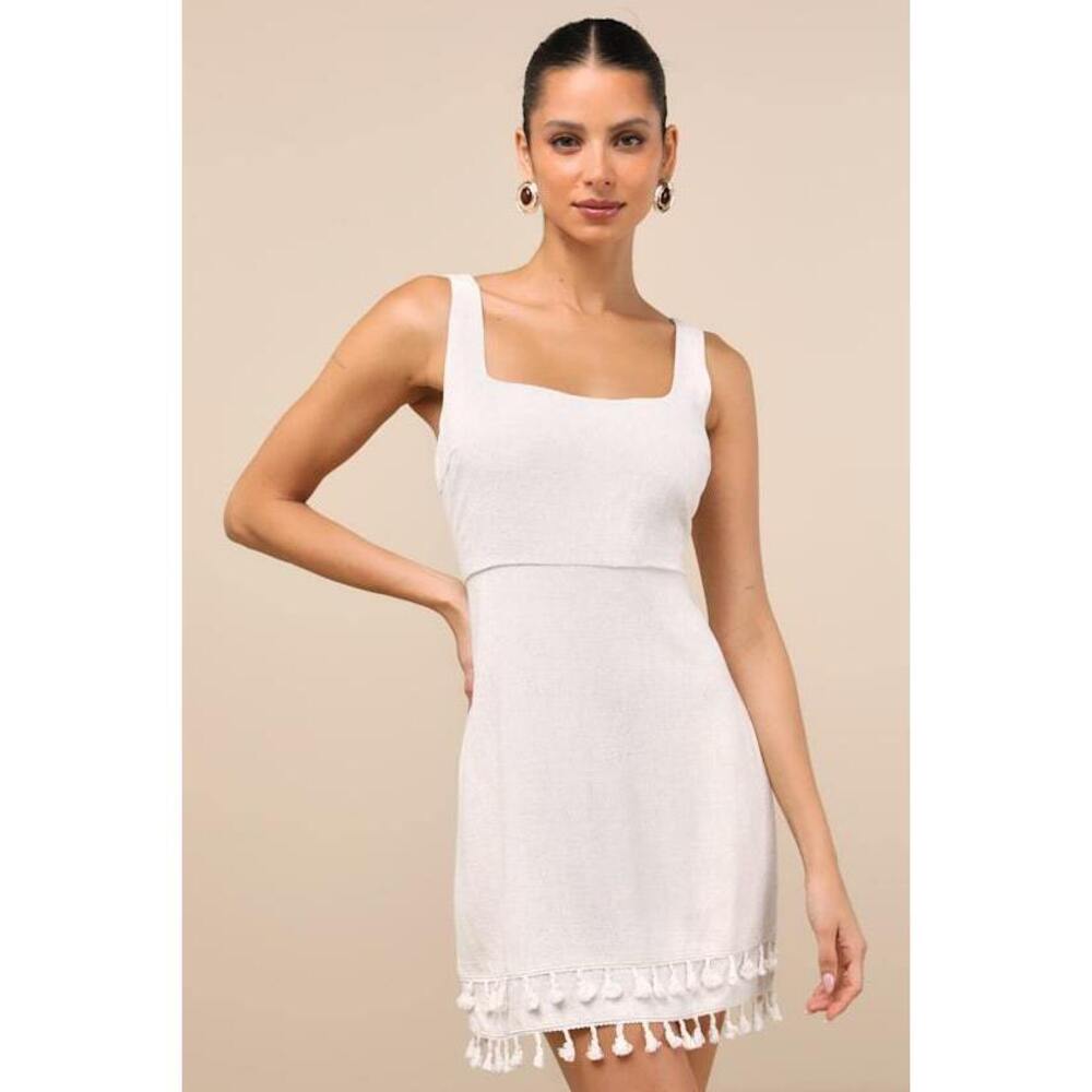 Lulus Feel The Sunshine Light Beige Linen Tassel Mini Dress - Size M